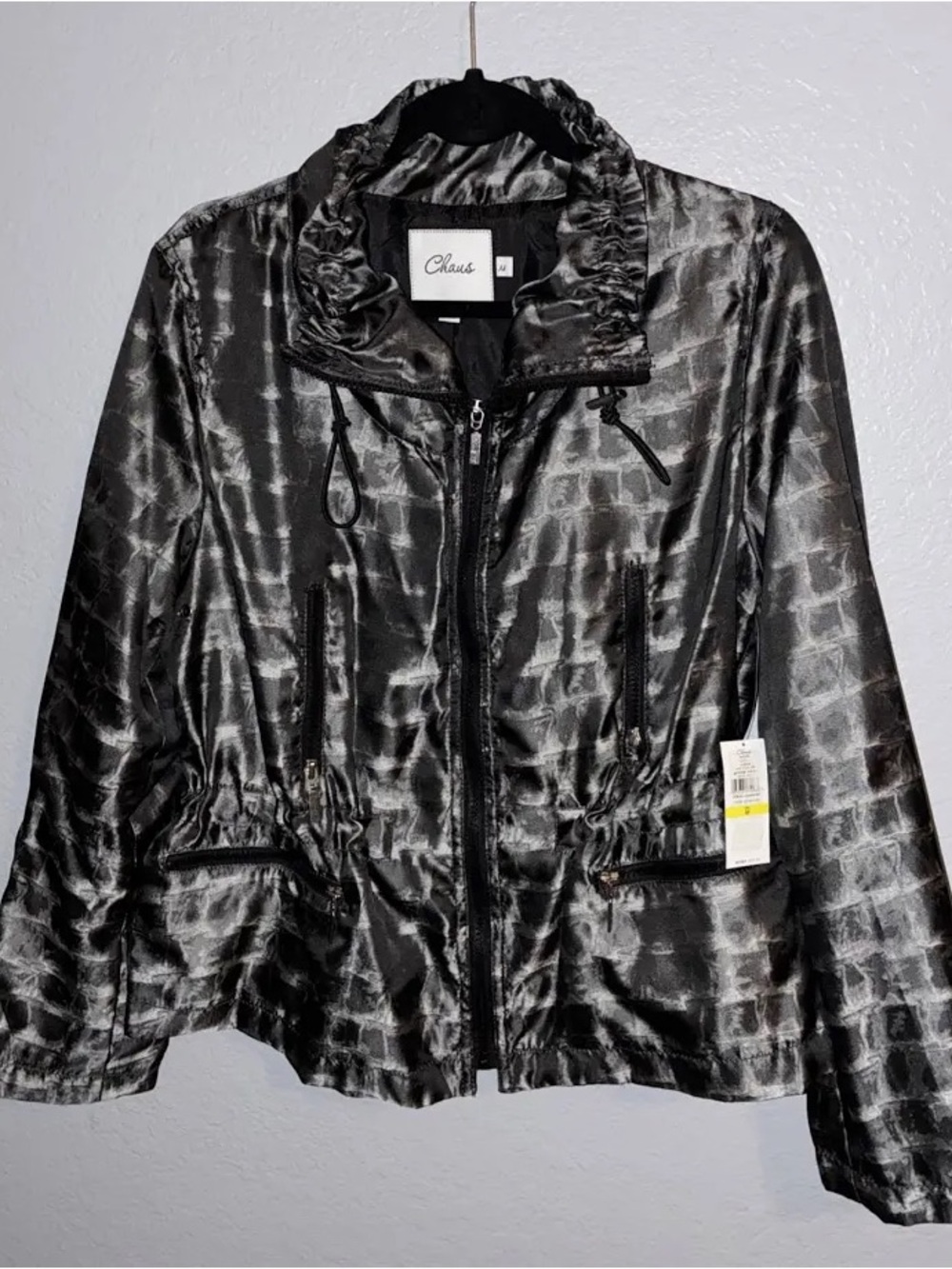 Chaus Black Satin-Texture Zip-Front Jacket Size PS